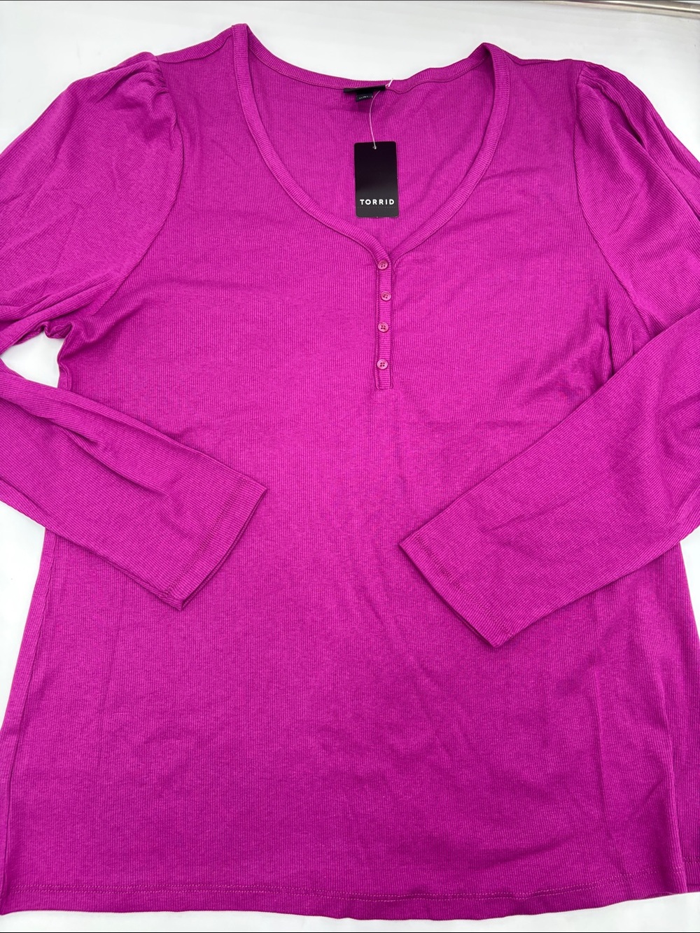 Torrid Cotton Modal Rib Henley Puff Sleeve Top in Wild Aster